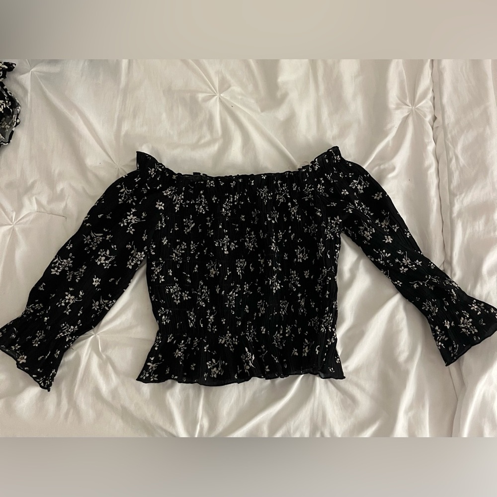 black off the shoulder ruffle shirred top